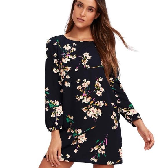 Lulus Herbaceous Babe Navy Floral Print Shift Dress Size Small - Picture 2 of 12